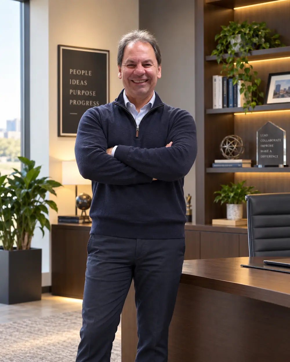 Memo Garza standing in his office, arms folded, smiling toward the camera.