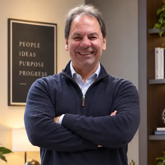 Portrait of Memo Garza, smiling, in his office.