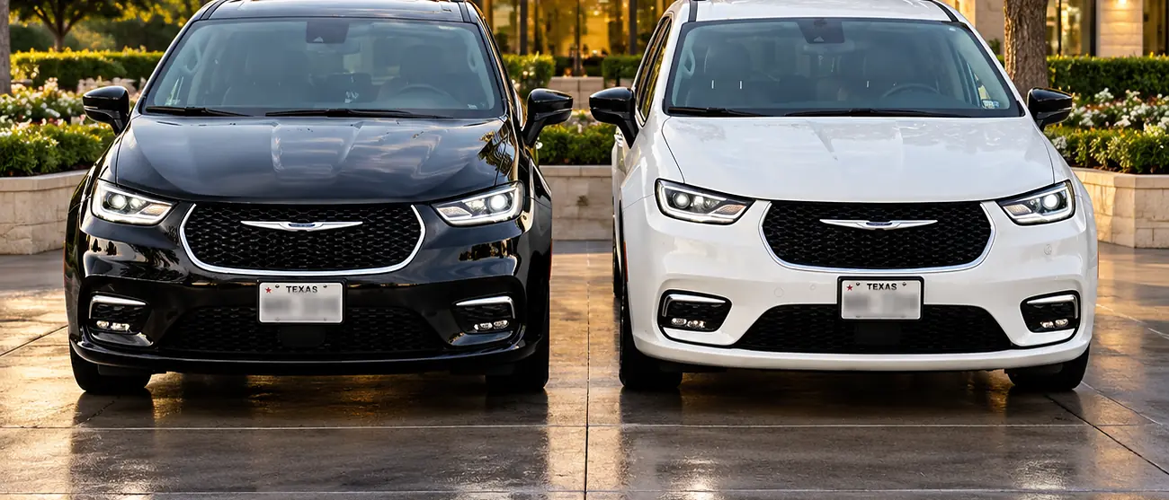 The two Chrysler Pacifica vans seen from the front, black on the left and white on the right.
